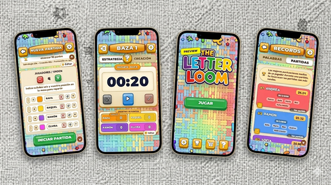 Detalle real de cartas y piezas de The Letter Loom